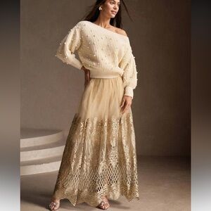 Anewsta Vintage Lace A-Line Skirt Cream Gold Size Medium